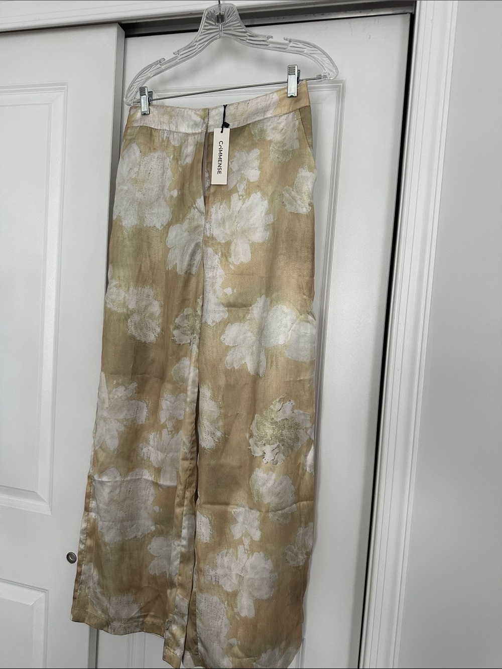 Commense Beige Floral Wide-Leg Silk Blend Pants
